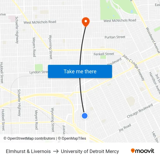 Elmhurst & Livernois to University of Detroit Mercy map