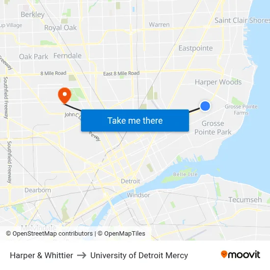 Harper & Whittier to University of Detroit Mercy map