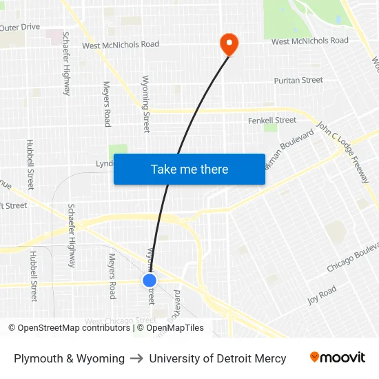 Plymouth & Wyoming to University of Detroit Mercy map