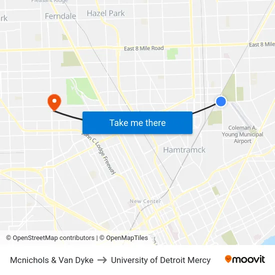 Mcnichols & Van Dyke to University of Detroit Mercy map