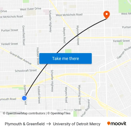 Plymouth & Greenfield to University of Detroit Mercy map