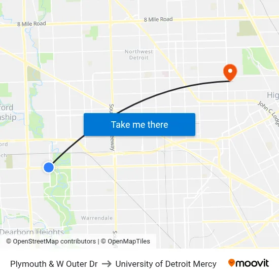 Plymouth & W Outer Dr to University of Detroit Mercy map