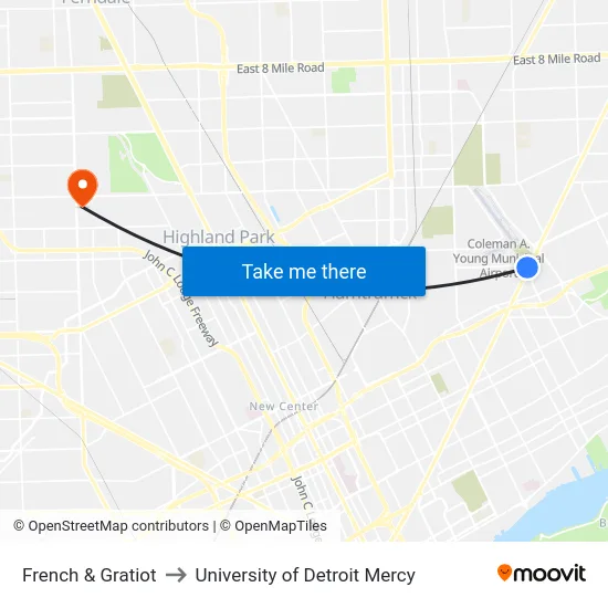French & Gratiot to University of Detroit Mercy map