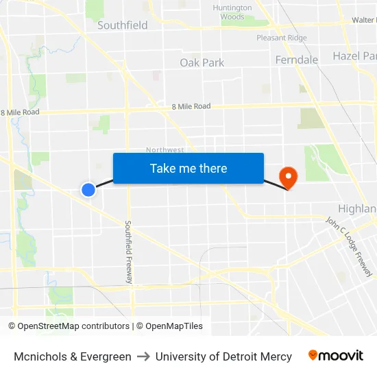 Mcnichols & Evergreen to University of Detroit Mercy map