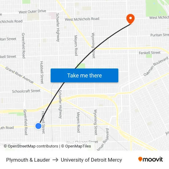 Plymouth & Lauder to University of Detroit Mercy map