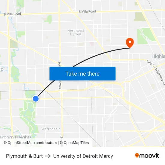 Plymouth & Burt to University of Detroit Mercy map
