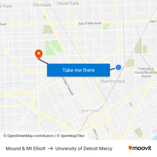 Mound & Mt Elliott to University of Detroit Mercy map