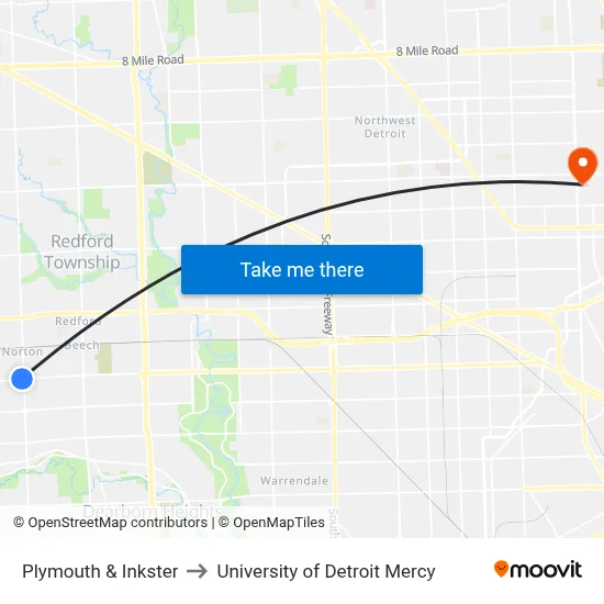 Plymouth & Inkster to University of Detroit Mercy map