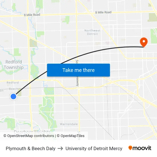Plymouth & Beech Daly to University of Detroit Mercy map