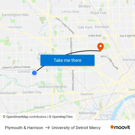 Plymouth & Harrison to University of Detroit Mercy map