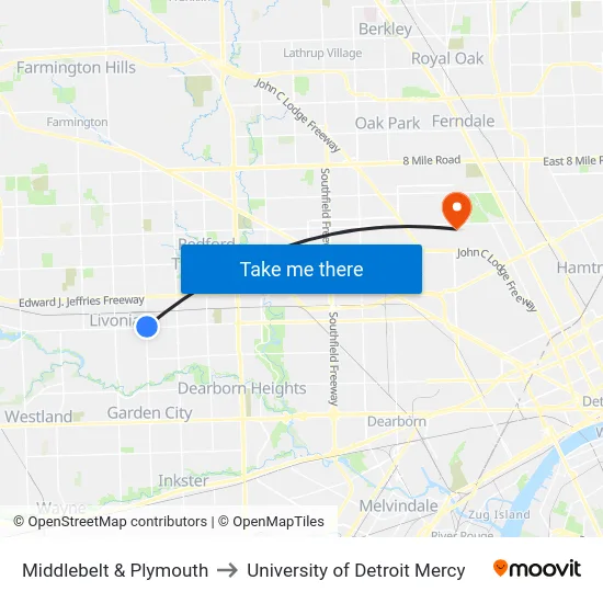 Middlebelt & Plymouth to University of Detroit Mercy map