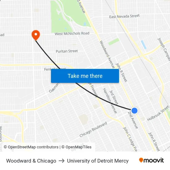 Woodward & Chicago to University of Detroit Mercy map
