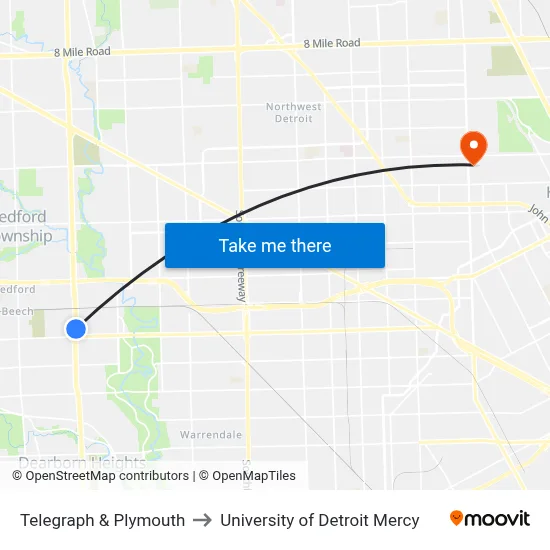 Telegraph & Plymouth to University of Detroit Mercy map