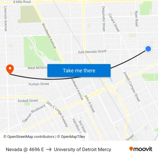 Nevada @ 4696 E to University of Detroit Mercy map