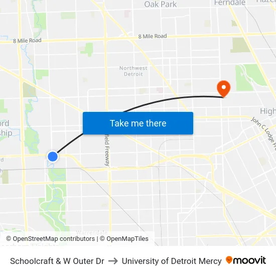 Schoolcraft & W Outer Dr to University of Detroit Mercy map