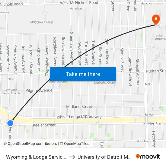 Wyoming & Lodge Service Dr to University of Detroit Mercy map