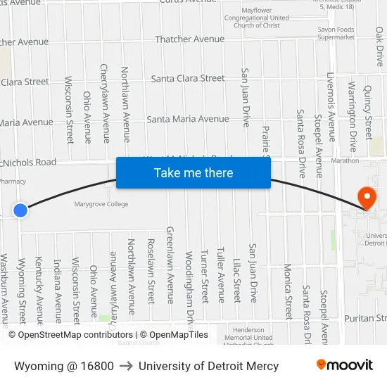Wyoming @ 16800 to University of Detroit Mercy map