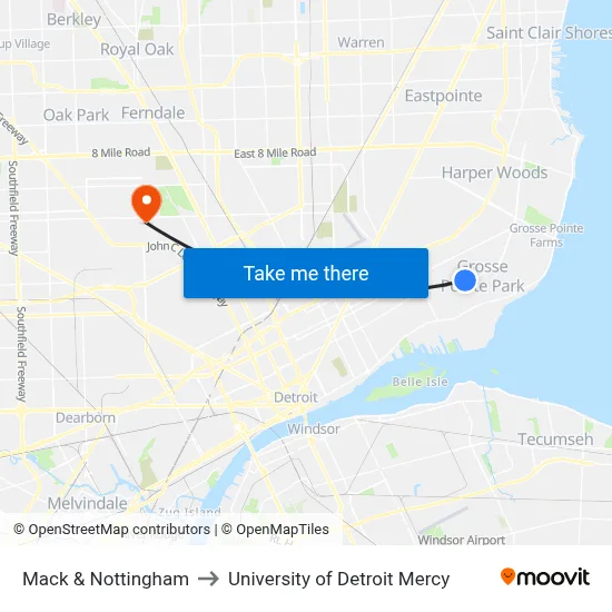 Mack & Nottingham to University of Detroit Mercy map