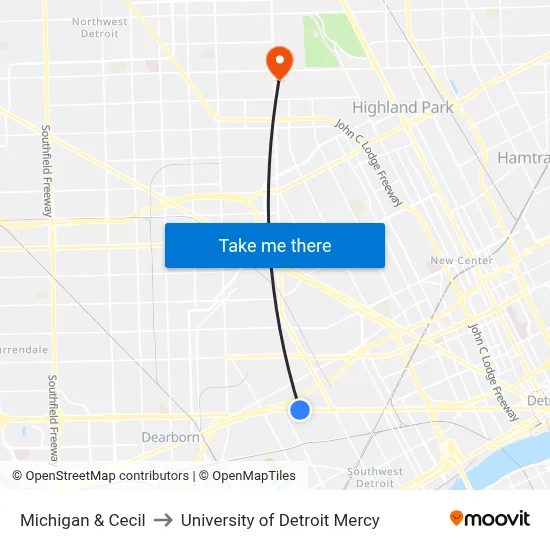 Michigan & Cecil to University of Detroit Mercy map