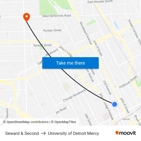 Seward & Second to University of Detroit Mercy map