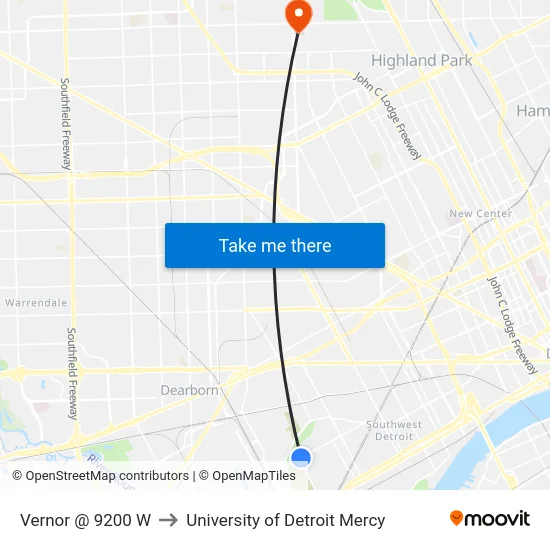 Vernor @ 9200 W to University of Detroit Mercy map