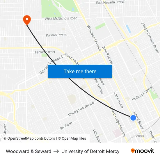Woodward & Seward to University of Detroit Mercy map
