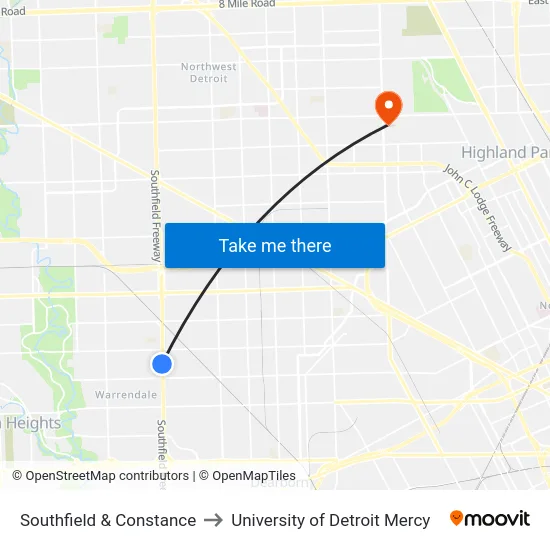 Southfield & Constance to University of Detroit Mercy map