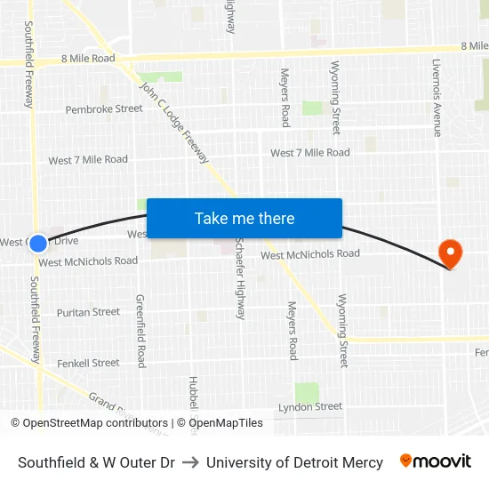 Southfield & W Outer Dr to University of Detroit Mercy map