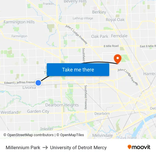 Millennium Park to University of Detroit Mercy map