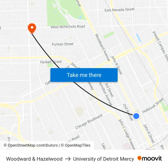Woodward & Hazelwood to University of Detroit Mercy map