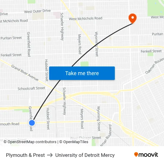 Plymouth & Prest to University of Detroit Mercy map