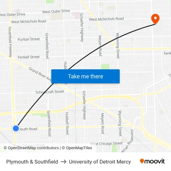 Plymouth & Southfield to University of Detroit Mercy map