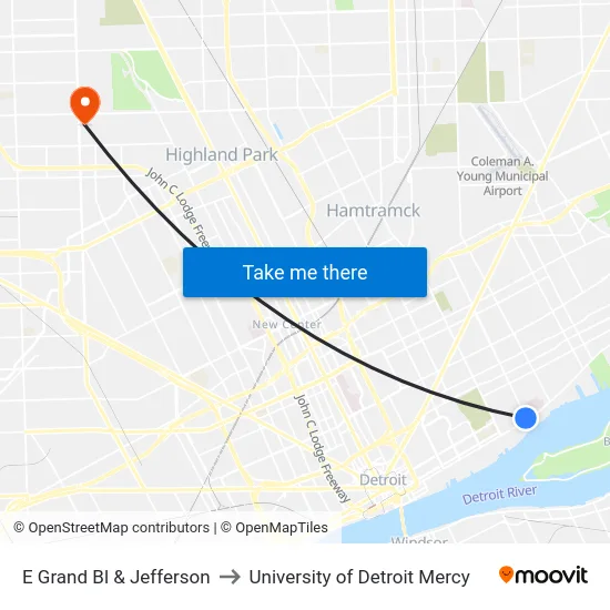 E Grand Bl & Jefferson to University of Detroit Mercy map