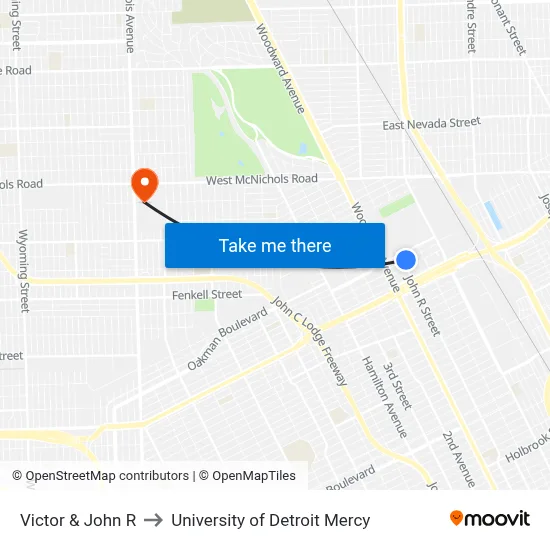 Victor & John R to University of Detroit Mercy map