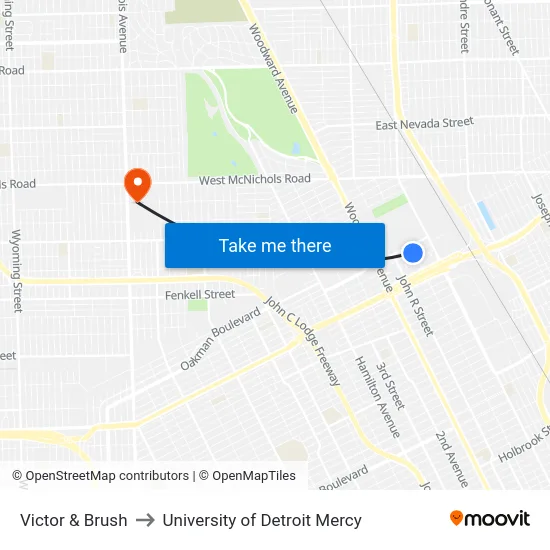 Victor & Brush to University of Detroit Mercy map