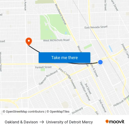 Oakland & Davison to University of Detroit Mercy map
