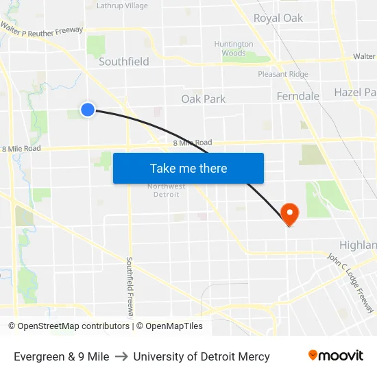 Evergreen & 9 Mile to University of Detroit Mercy map
