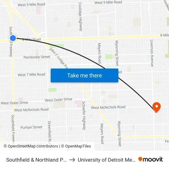 Southfield & Northland Park to University of Detroit Mercy map