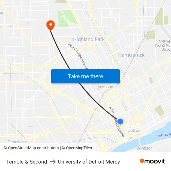 Temple & Second to University of Detroit Mercy map