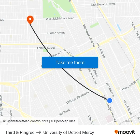Third & Pingree to University of Detroit Mercy map