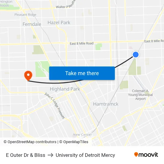 E Outer Dr & Bliss to University of Detroit Mercy map