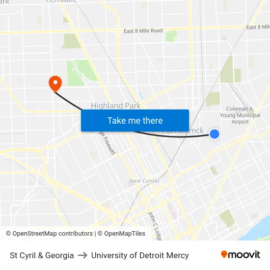 St Cyril & Georgia to University of Detroit Mercy map