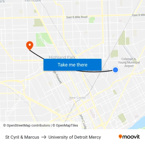 St Cyril & Marcus to University of Detroit Mercy map