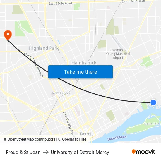 Freud & St Jean to University of Detroit Mercy map