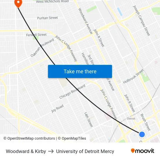 Woodward & Kirby to University of Detroit Mercy map