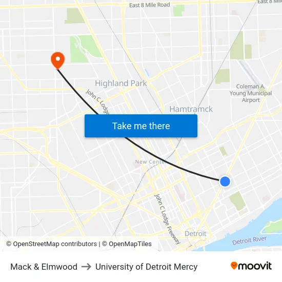 Mack & Elmwood to University of Detroit Mercy map
