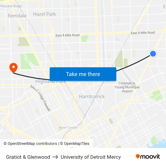 Gratiot & Glenwood to University of Detroit Mercy map