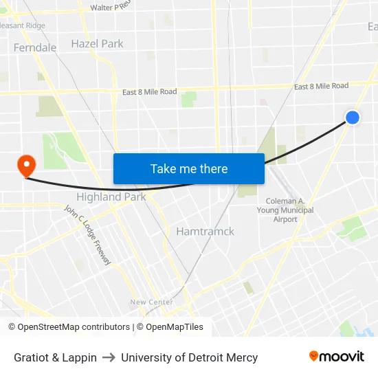 Gratiot & Lappin to University of Detroit Mercy map