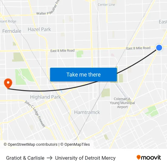 Gratiot & Carlisle to University of Detroit Mercy map