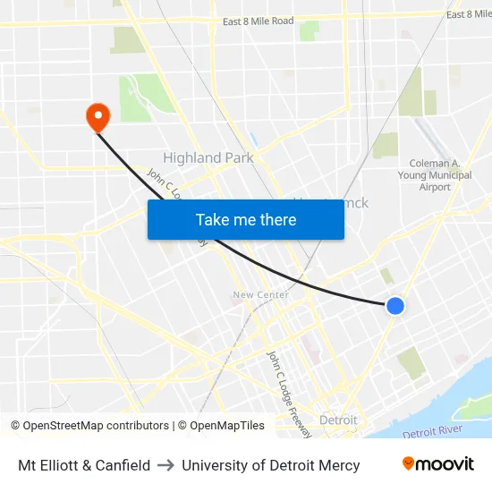 Mt Elliott & Canfield to University of Detroit Mercy map